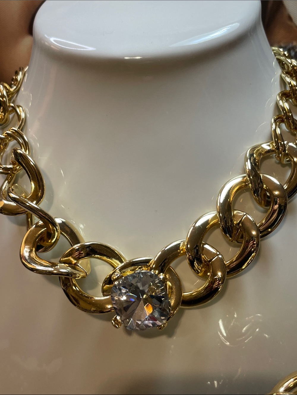 Gold Chain Statement Necklace and Bracelet Set with Crystal Accent - Picture 7 of 9